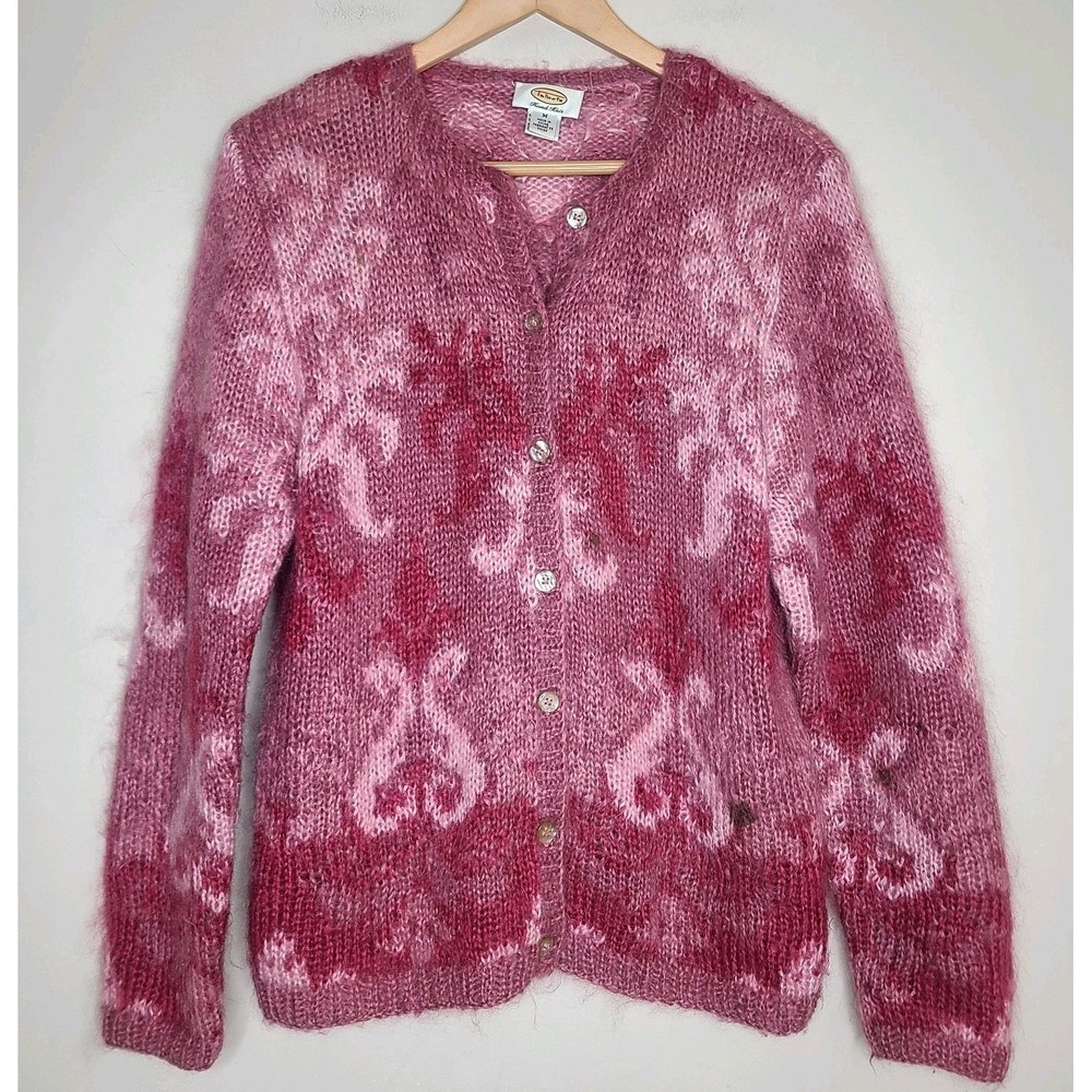 Vtg Talbots Sweater Floral Womens M Pink Cardigan Hand‎ Knit 68% Mohair Fuzzy